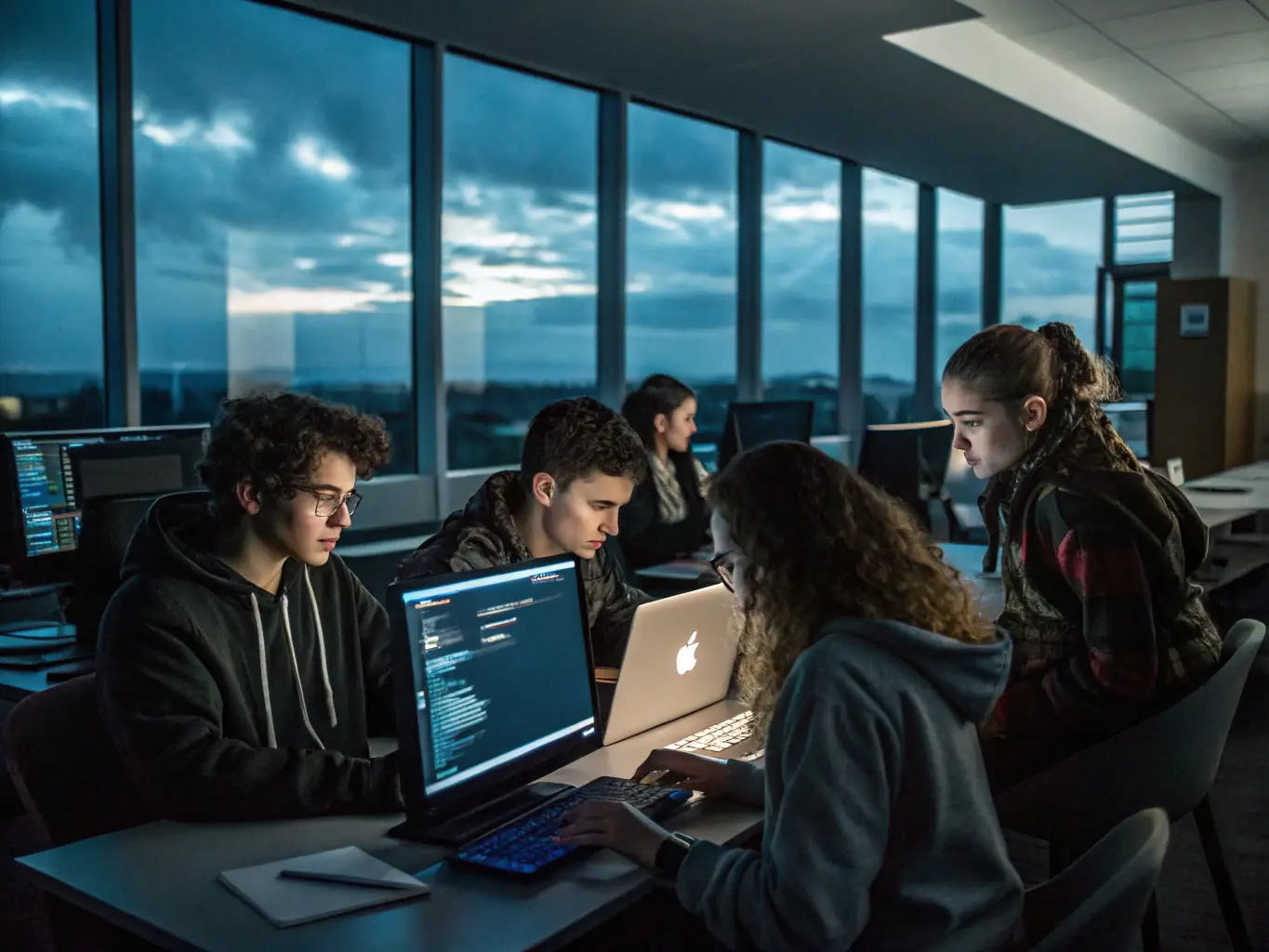 Students are collaborating on an AI project, using laptops to train a machine learning model, with a focus on problem-solving and data analysis. The image emphasizes the use of AI tools and digital platforms in the AI program.