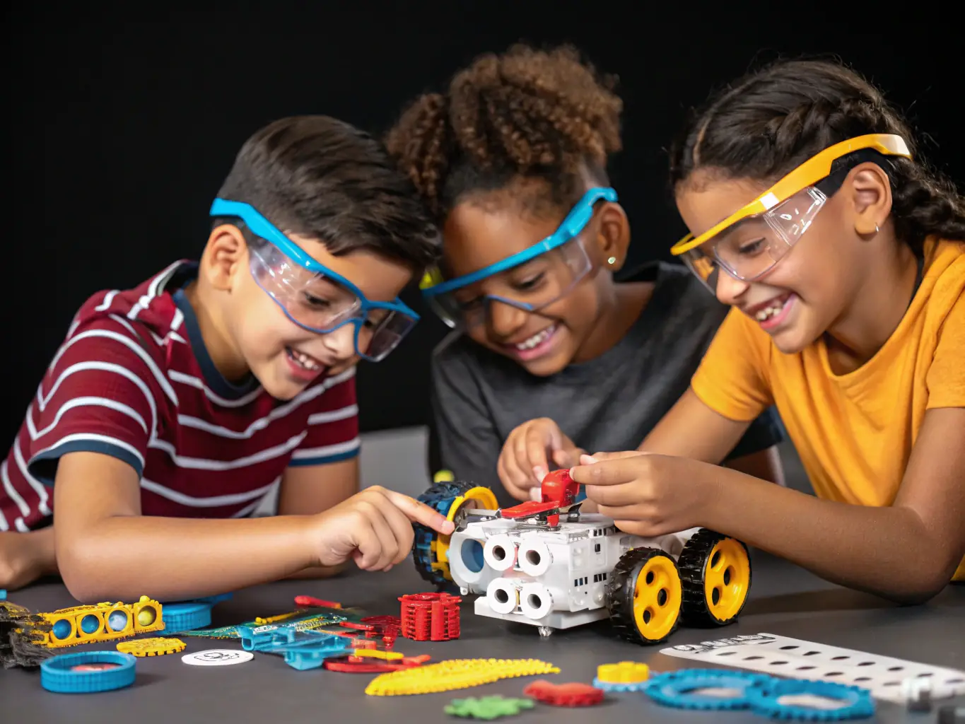 A group of children are enthusiastically working on a LEGO WeDo 2.0 robotics project, surrounded by colorful bricks and laptops, in a bright and engaging classroom setting. The scene captures the hands-on learning experience and collaborative spirit of the robotics program.