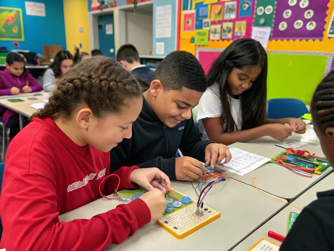 A group of students are working on an Arduino-based project, connecting wires and sensors to a microcontroller, with guidance from an instructor. The image highlights the practical application of electronics and programming in the Arduino program.